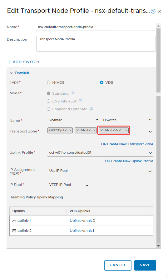 A screenshot showing the Edit Transport Node Profile screen with the DSwitch circled in red.