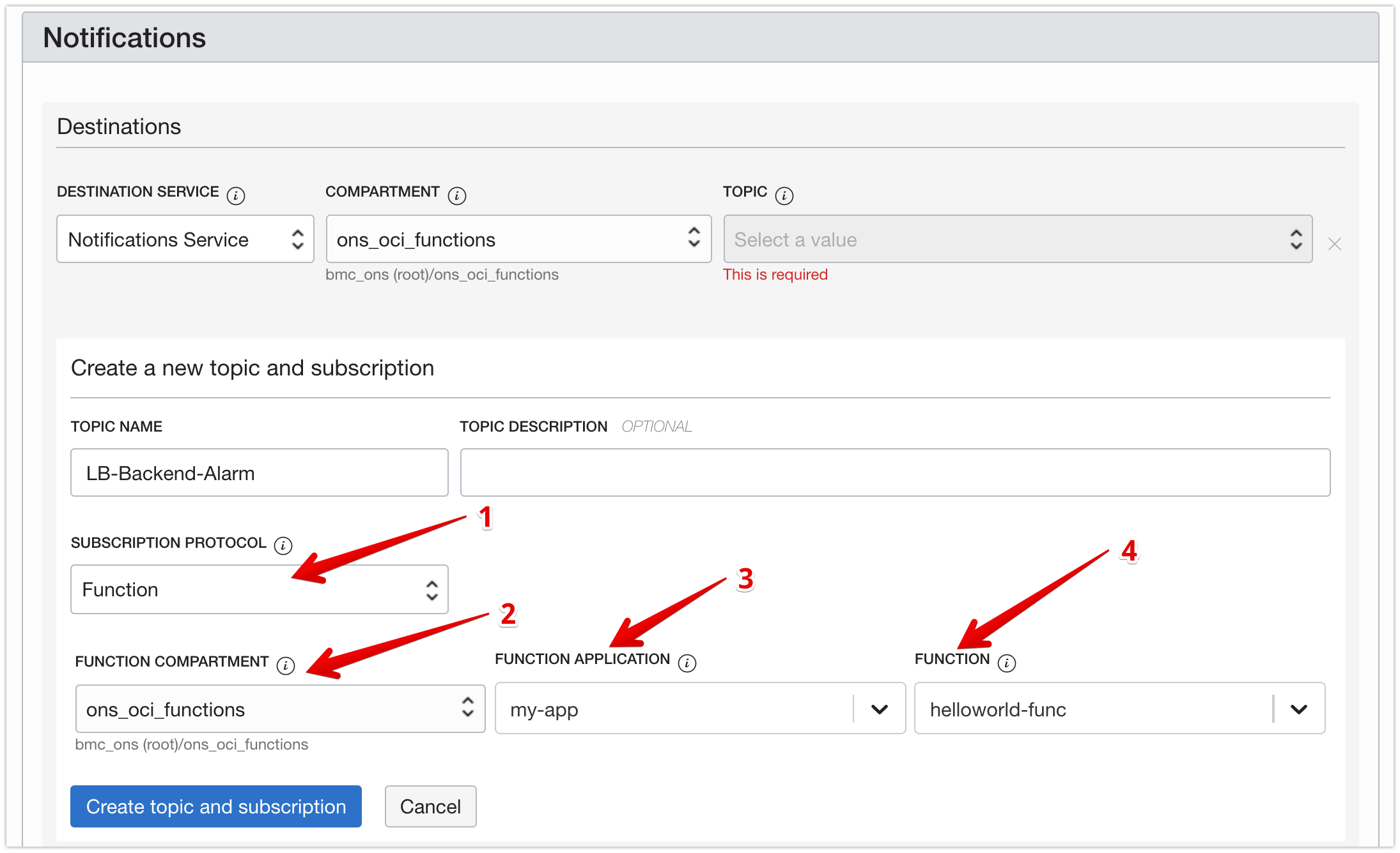 Screenshot that shows the Create Alarm dialog box with the Notifications area in focus and the Create a new topic and subscription fields highlighted.