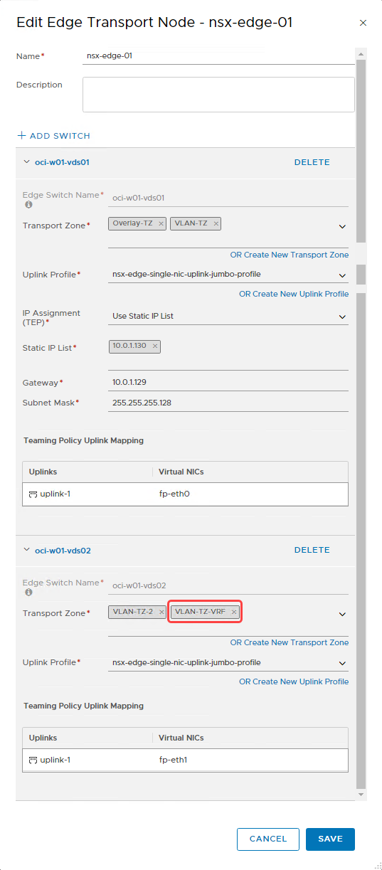 A screenshot of the Edit Edge Transport Nodes - nsx-edge-01 window.
