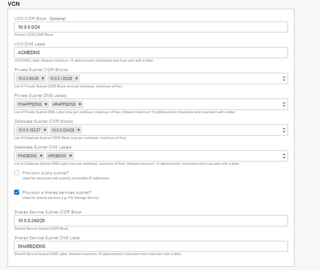 A screenshot of the VCN section details.