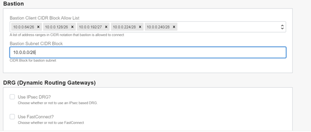 A screenshot of the Bastion and  Dynamic Routing Gateway sections details.