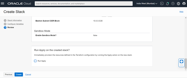 A screenshot of the Review tab for the Create Stack page.