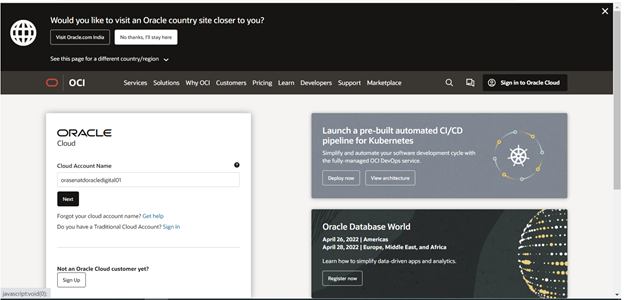 A screenshot of the login screen for the Oracle Cloud Console.
