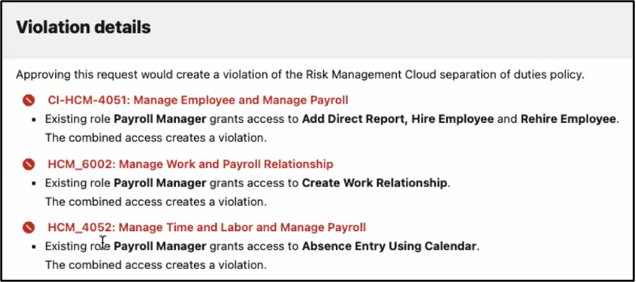 SoD violation details.