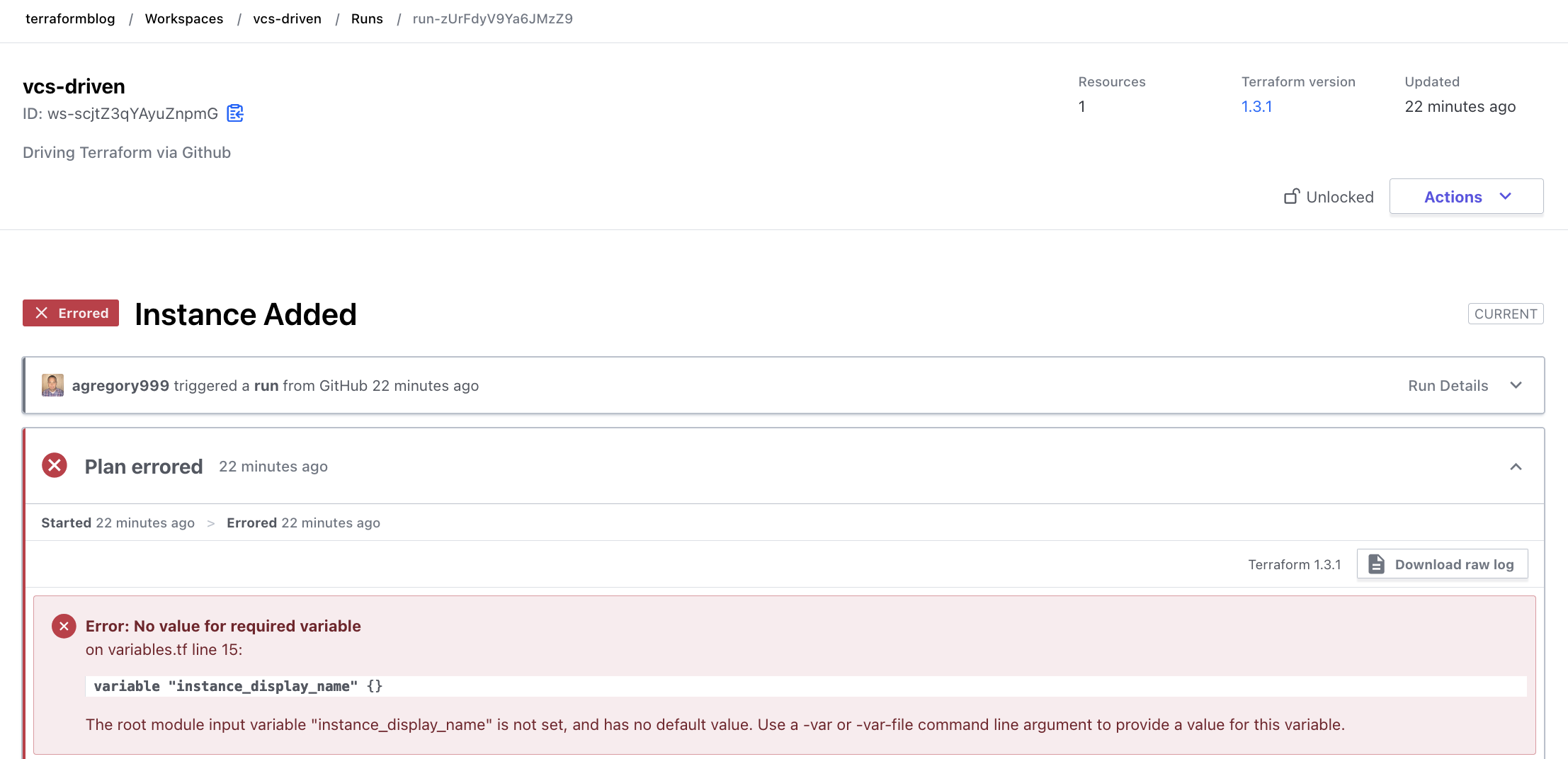Plan fails due to no variables