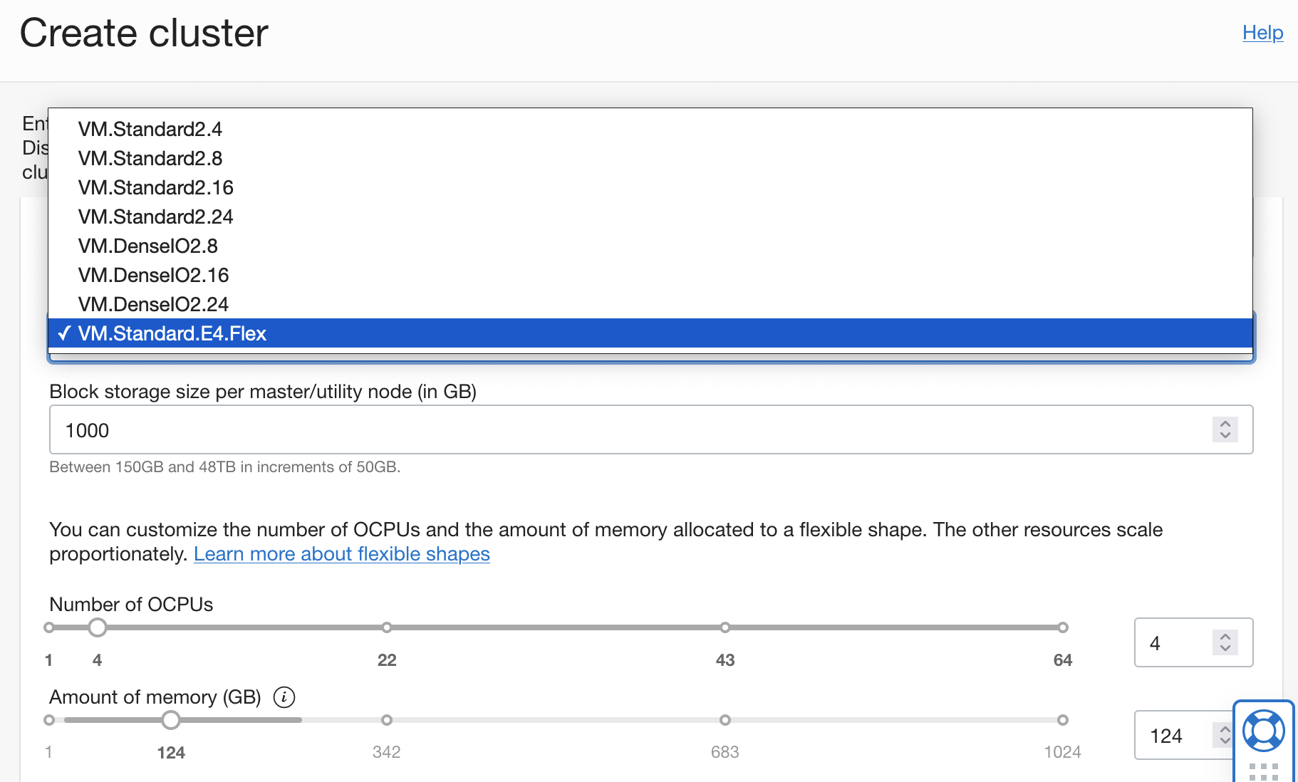 A screenshot of the Create cluster window showing the options for virtual machine shapes.