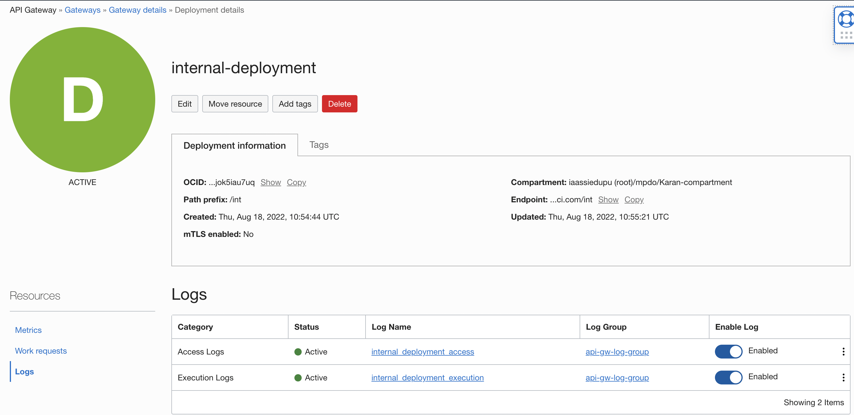 A screenshot of the Deployment Details page in API Gateway showing how to enable logs.