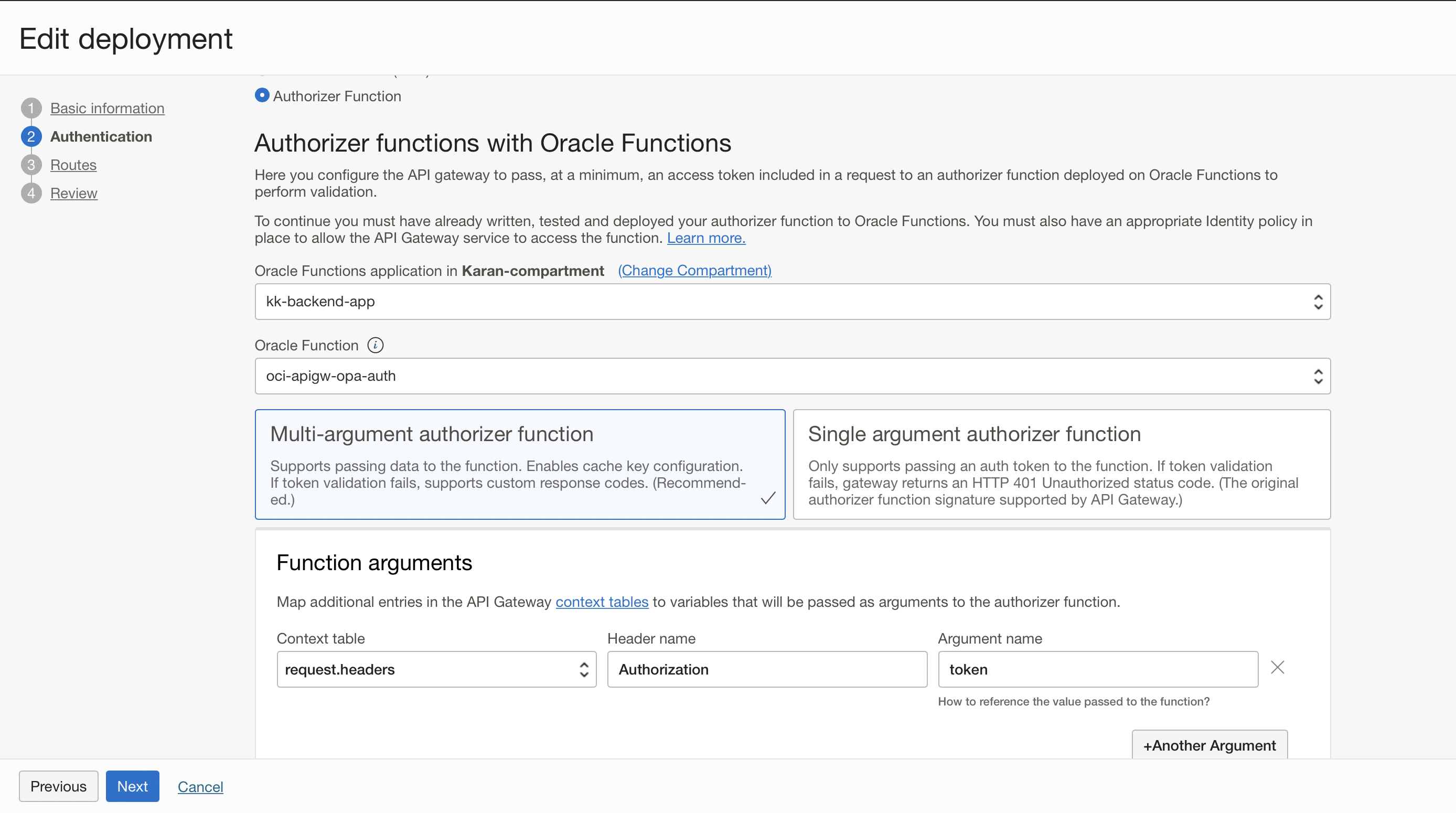 A screenshot of the Edit Deployment page for authorizer functions with Oracle Functions on the authentication tab.