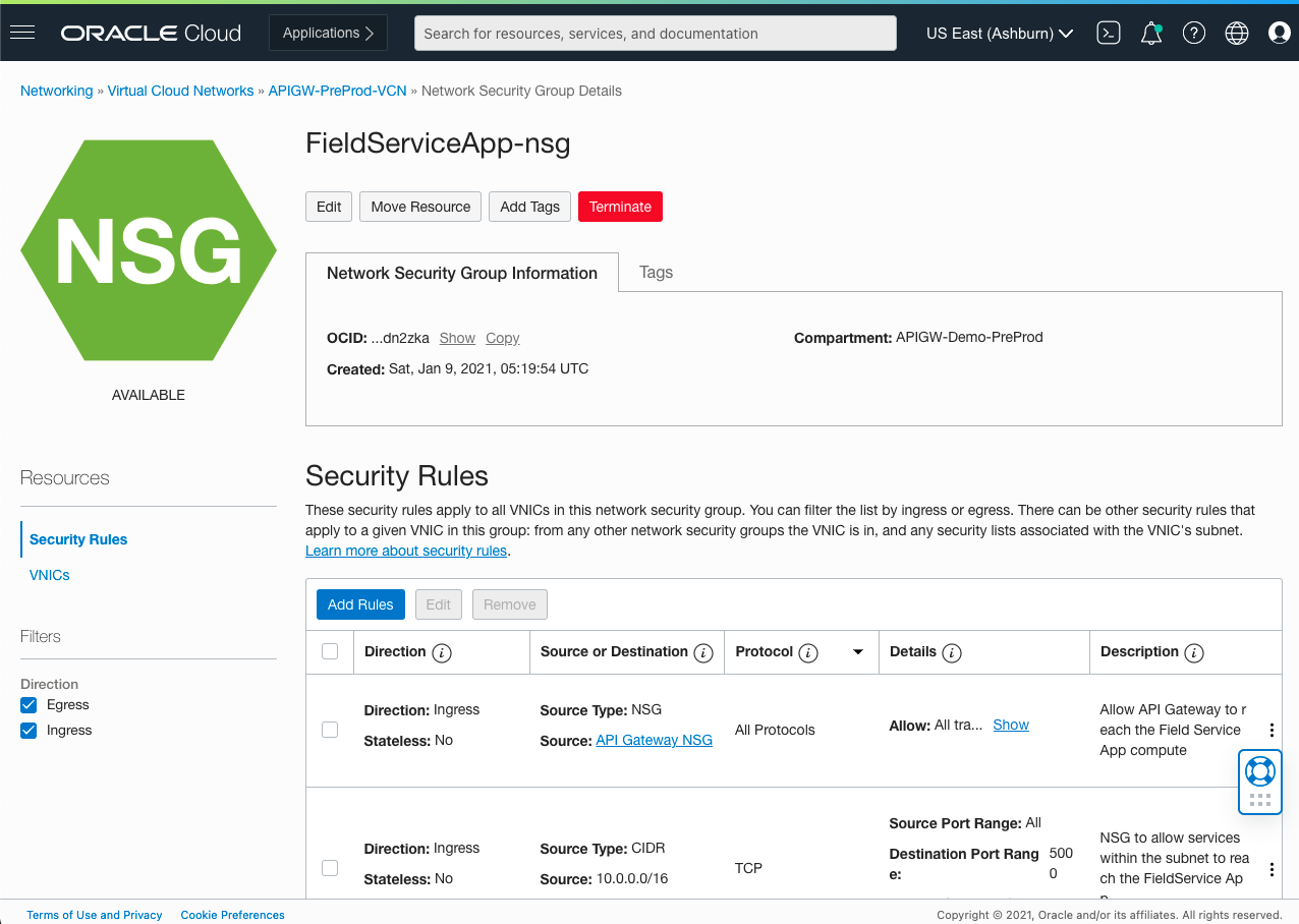 A screenshot of an example application network security group and security rules in the Console.