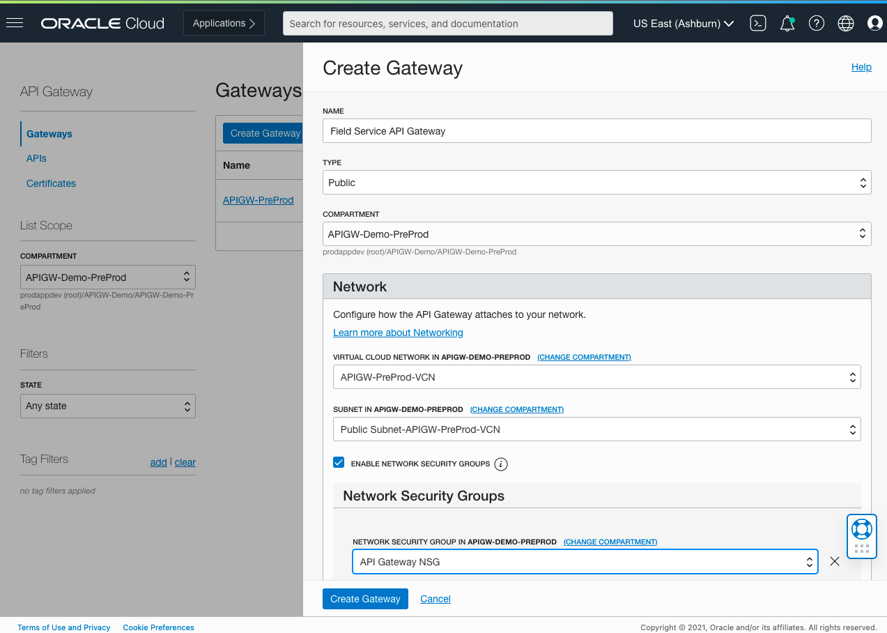A screenshot of the Create Gateway window with details for a field service API Gateway.