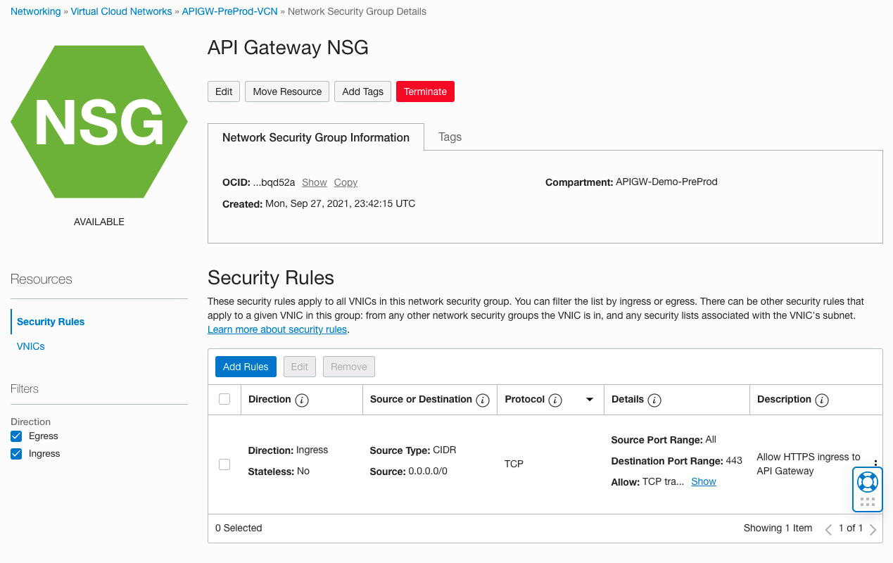 A screenshot of an example API Gateway NSG and security rules in the Oracle Cloud Console.