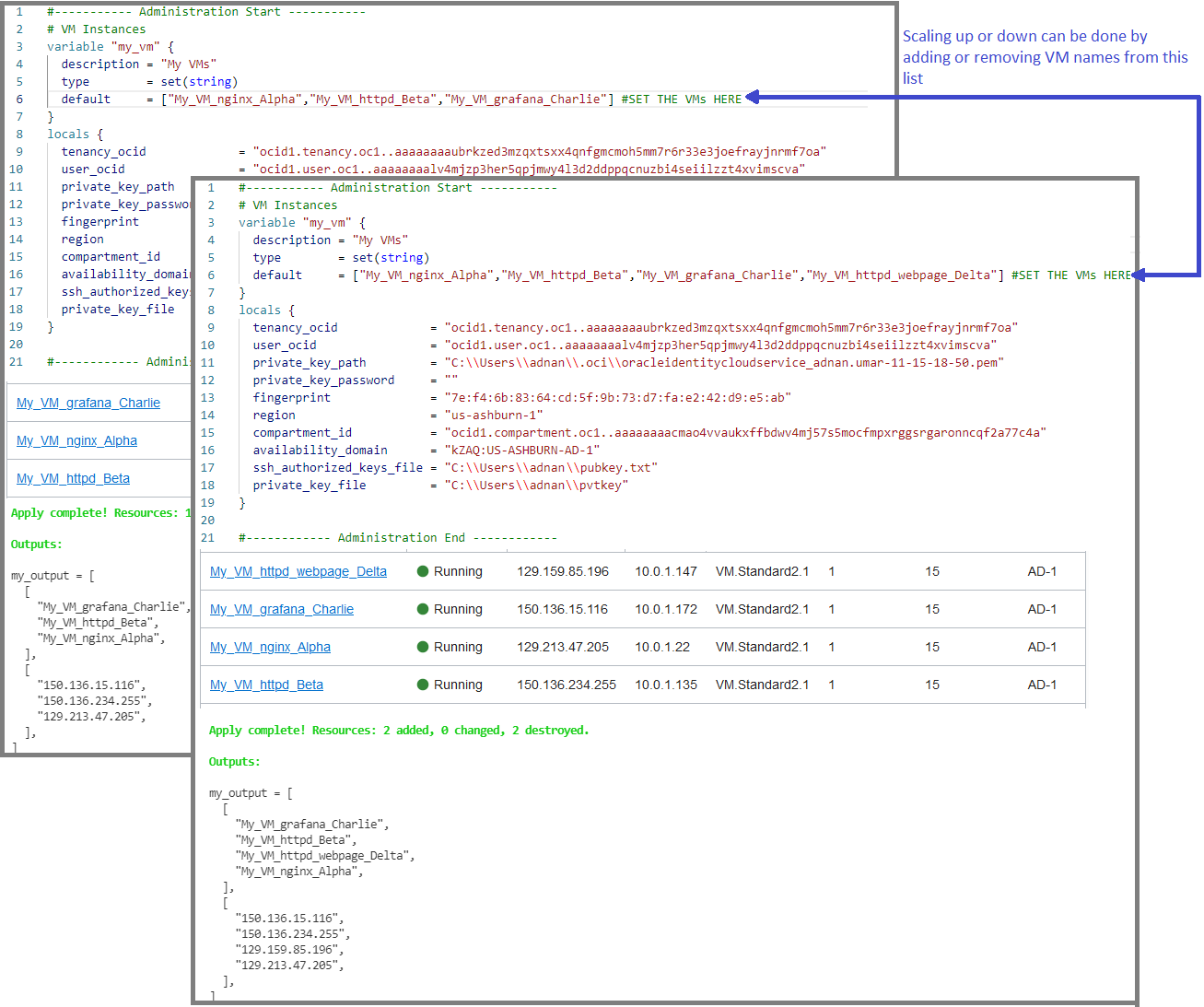 A screenshot of the script with a blue arrow pointing to "Set the VMs here."