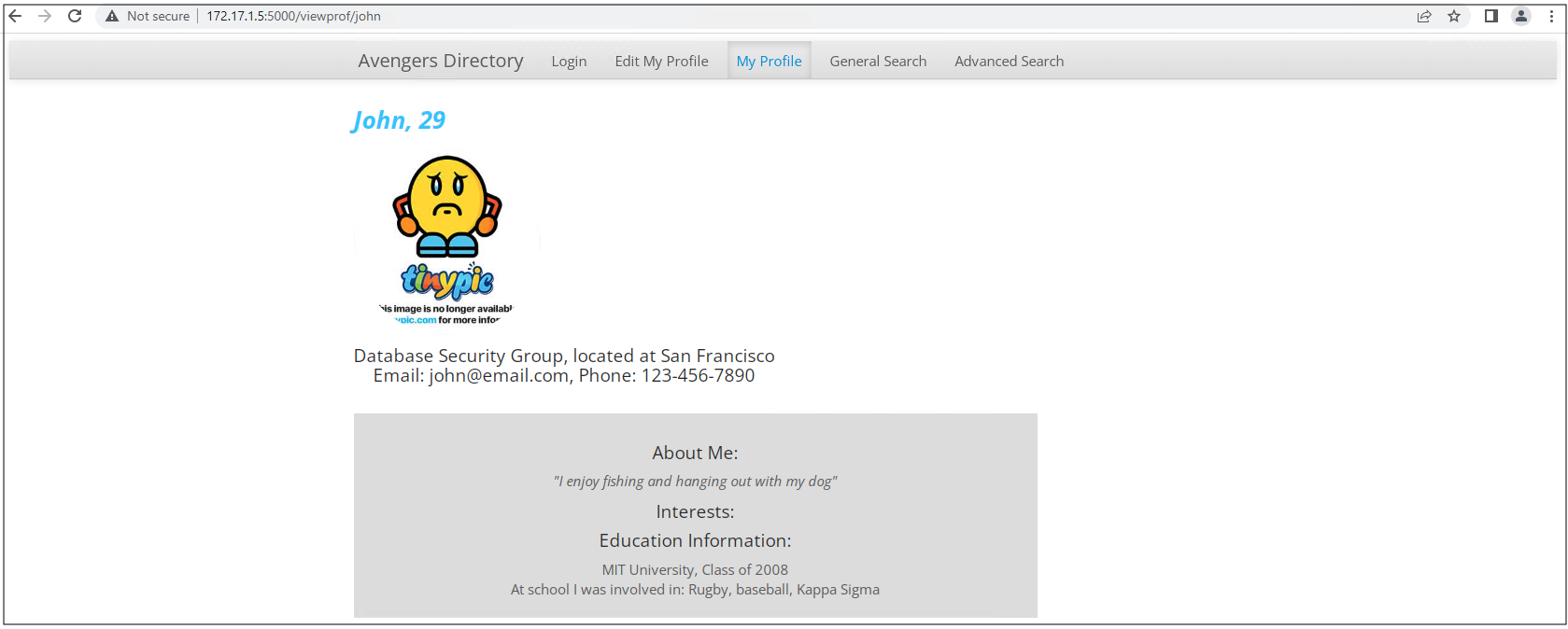 A screenshot of a user's details from the example social media app