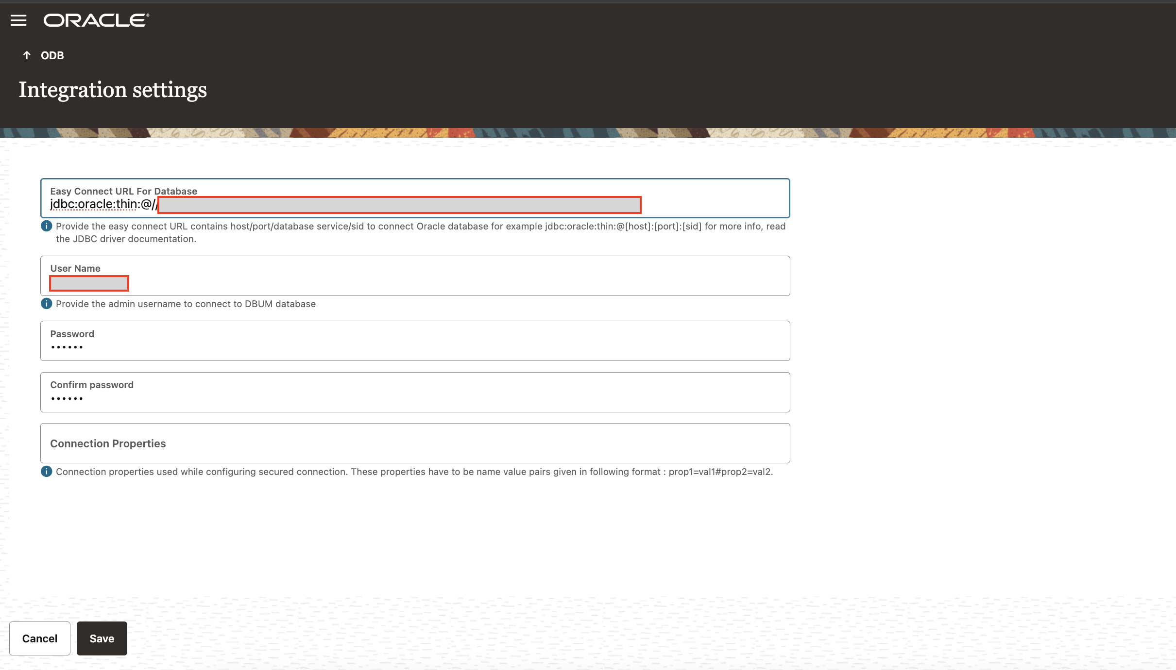 Integration settings for an oracle database