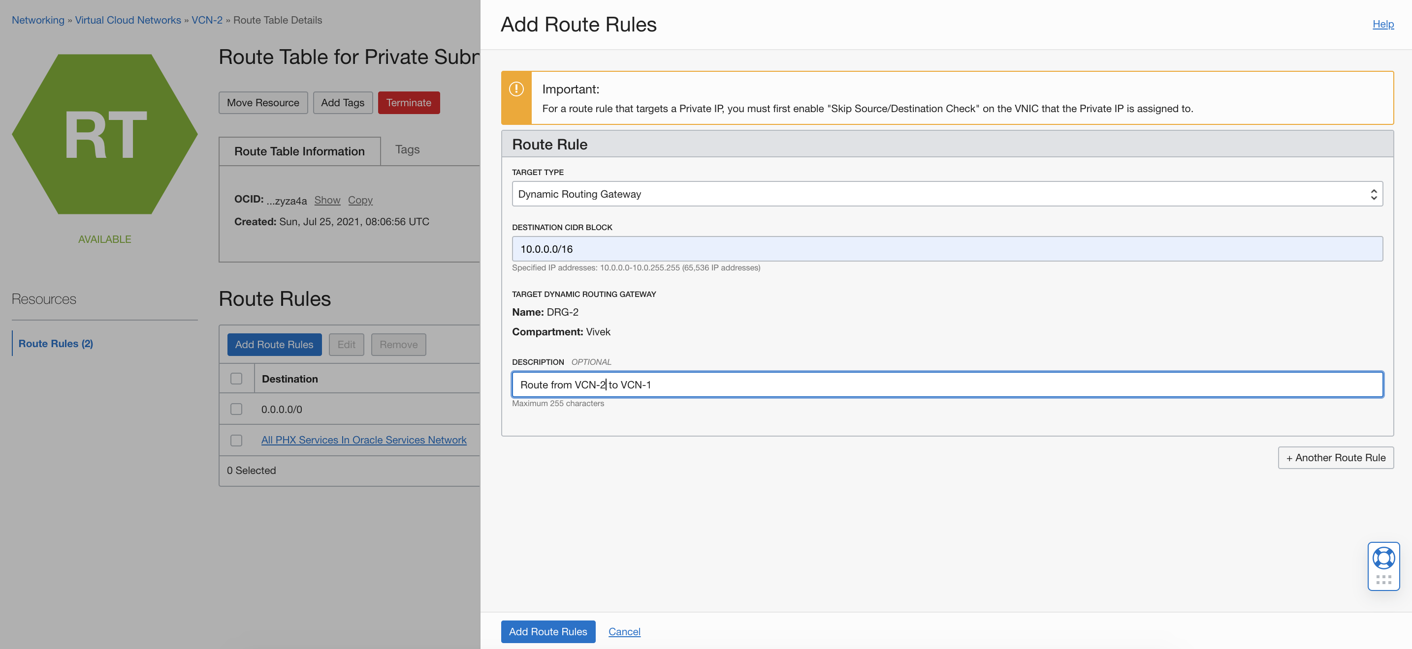 A screenshot of the Add Route Rules window over the VCN-2 subnet X screen.