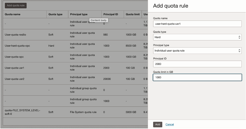 Adding a quota rule at user level