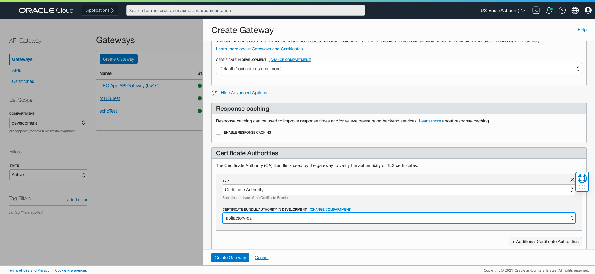 A screenshot of the Create Gateway window in the Oracle Cloud Console with the details filled in.