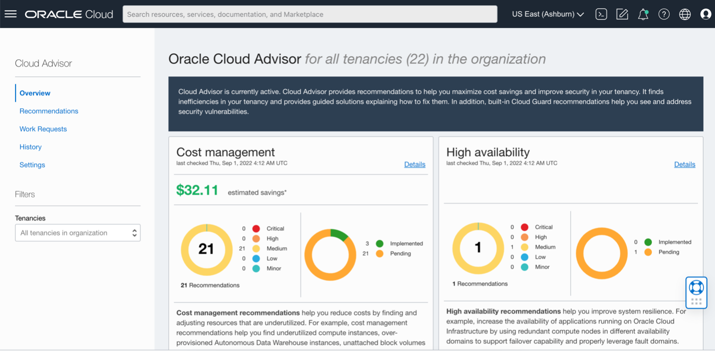 A screenshot of the organization overview of Oracle Cloud Advisor in the Oracle Cloud Console.