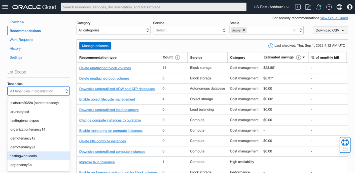 A screenshot of the Recommendations page with the Tenancies menu expanded, showing the organization advisor reccomendations.