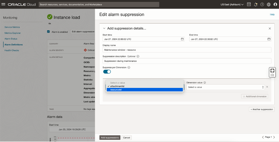 Alarm suppression detail editing in the Oracle Cloud Console