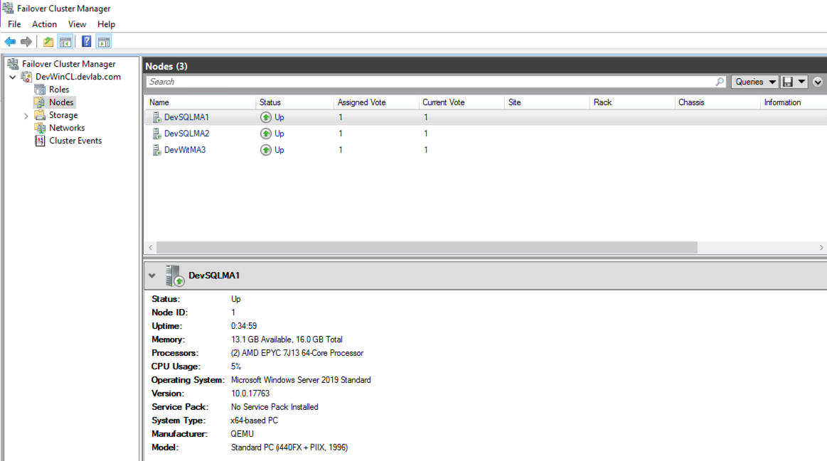 A screenshot of the Failover Cluster Manager, showing the nodes in the cluster.