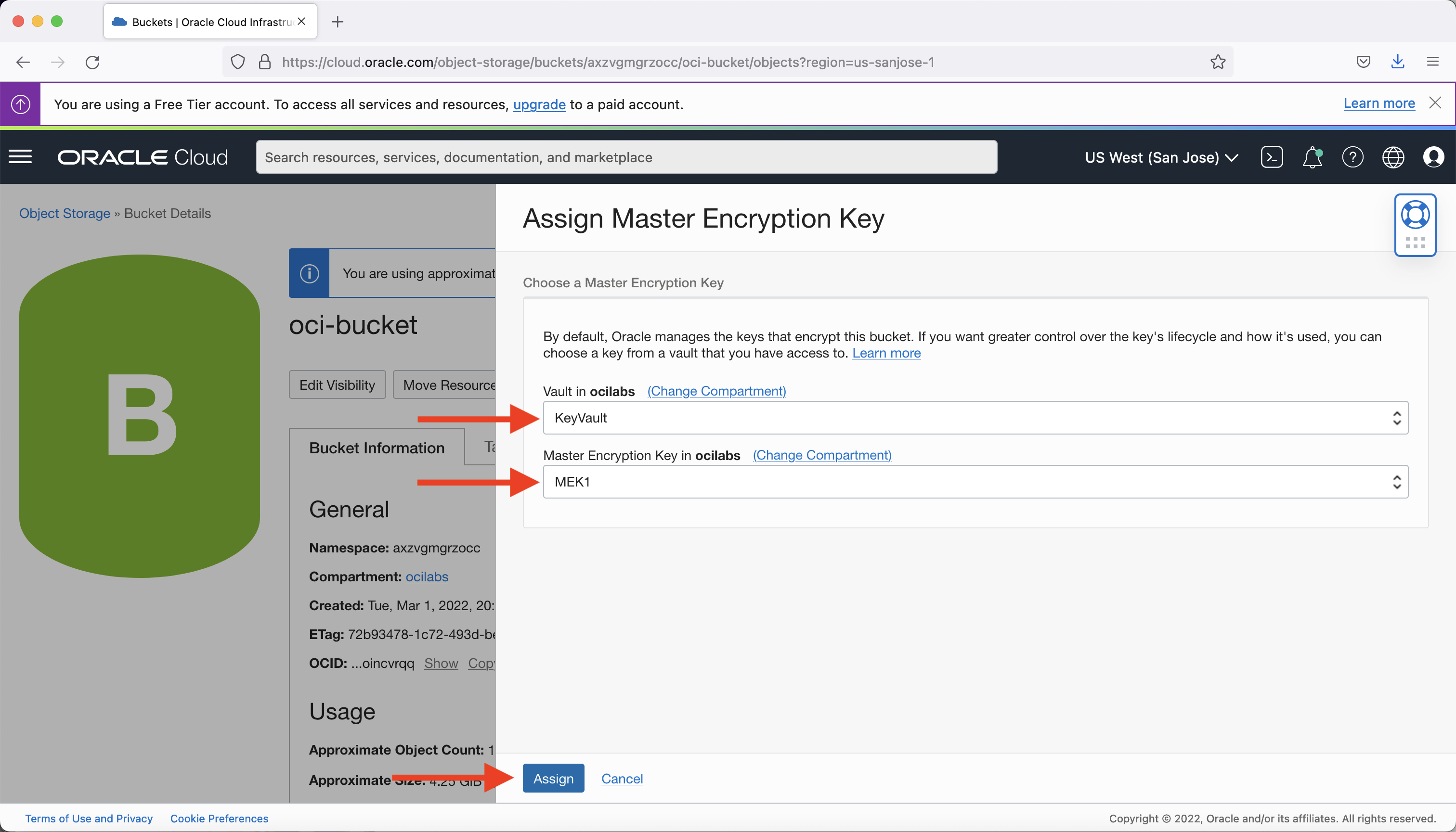 A screenshot of the Assign Master Encryption Key window with red arrows pointing to the vault, MEK, and Assign button.