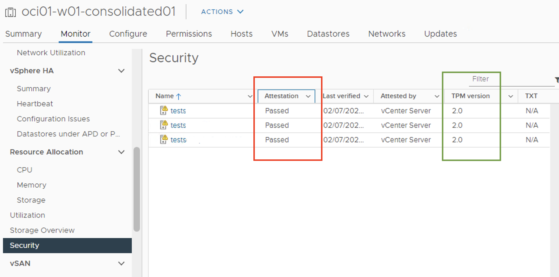 A screenshot of the Monitor tab of the SDDC page with the attestation menu outlined in read and the TPM version outlined in green.