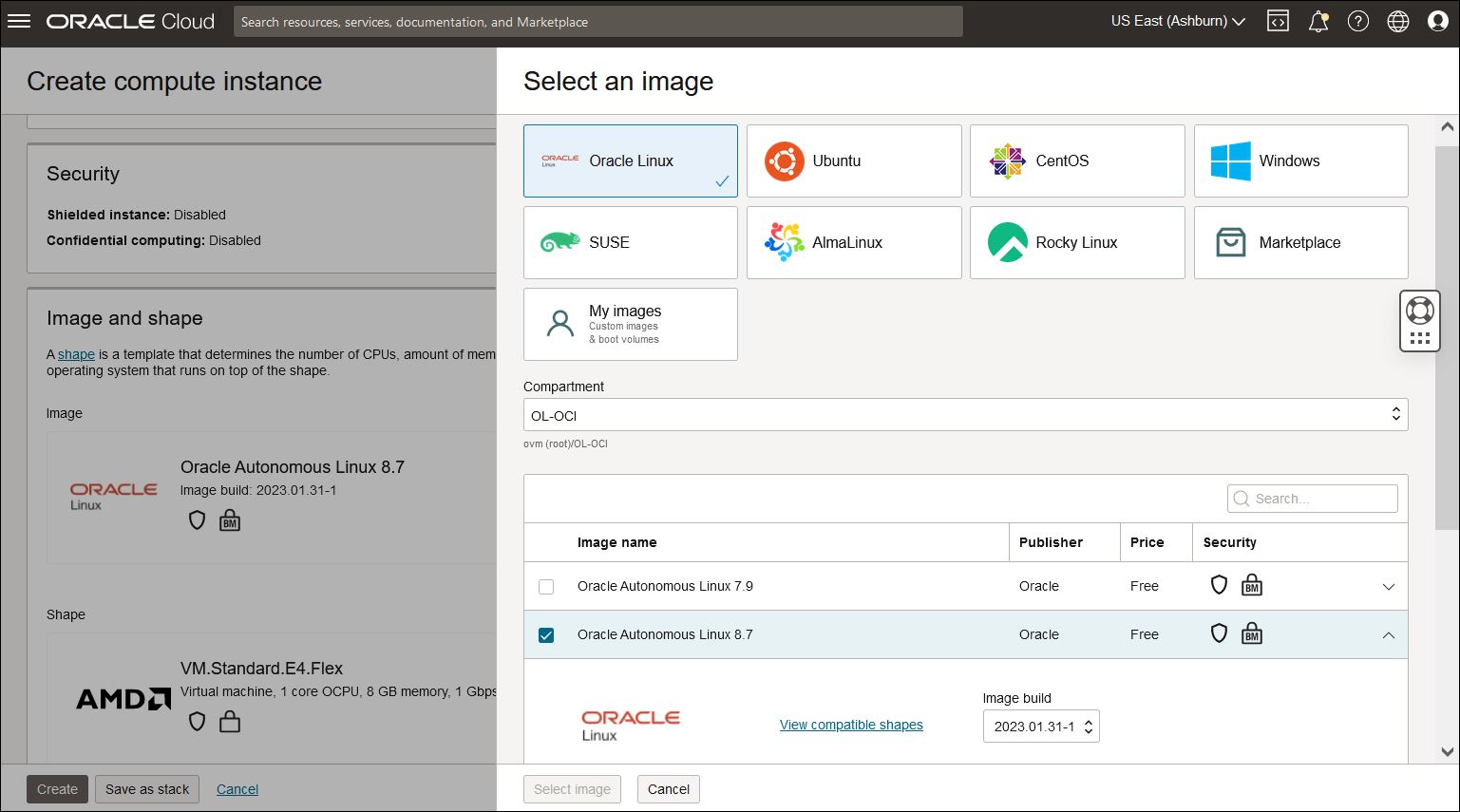 A screenshot of the Select an Image page showing the details for an Oracle Autonomous Linux image.