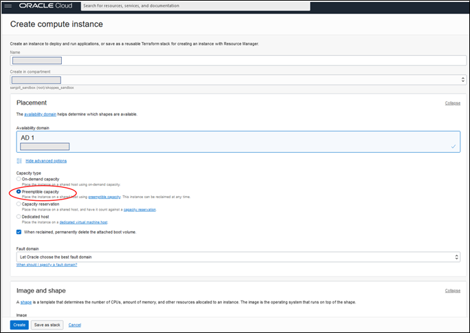 A screenshot of the Create Compute Instance page with the option for preemptive capacity circled in red.
