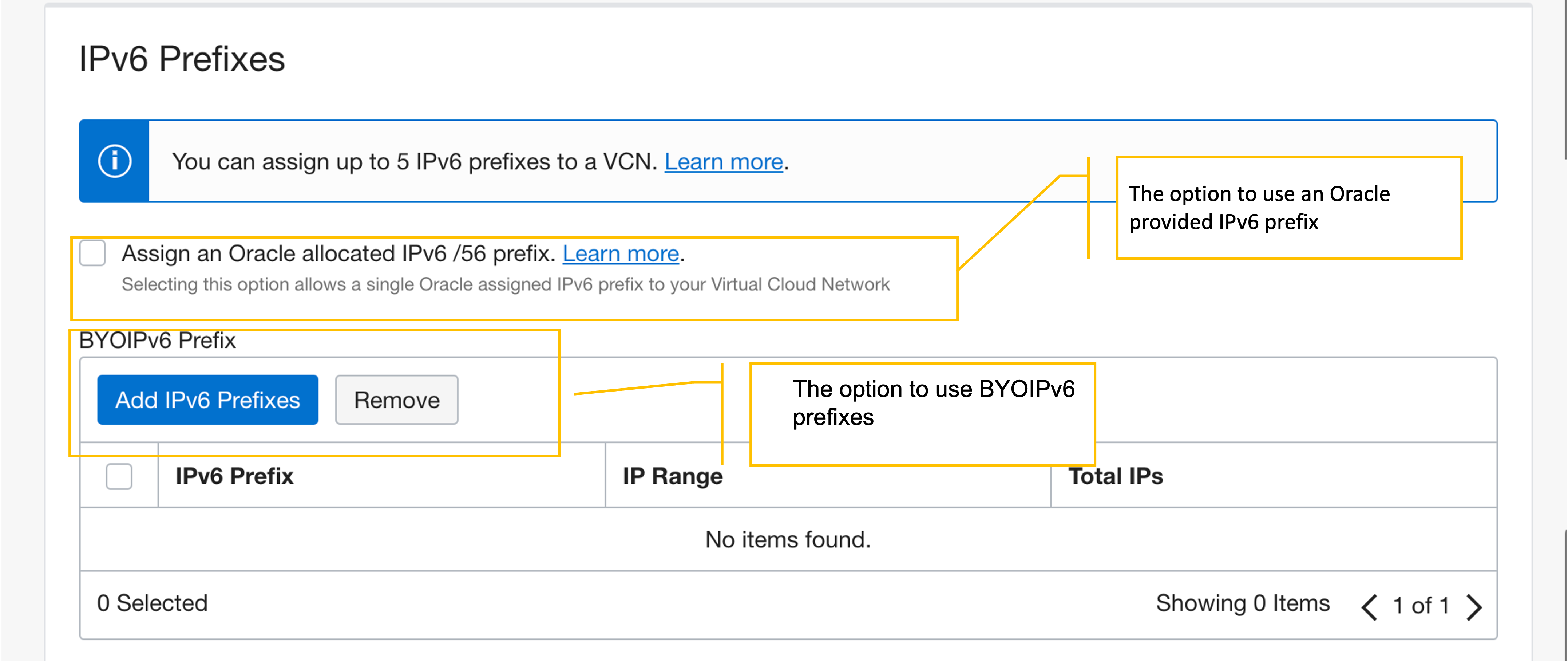 A screenshot of the IPv6 Prefixes page with the options for assigning and Oracle allocated IPv6 /56 prefix and explanations outlined in yellow.