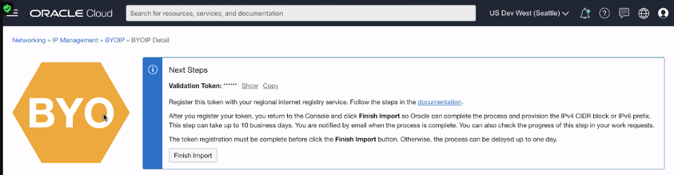 A screenshot of the BYOIP Details page with a Next Steps notification in a blue window.
