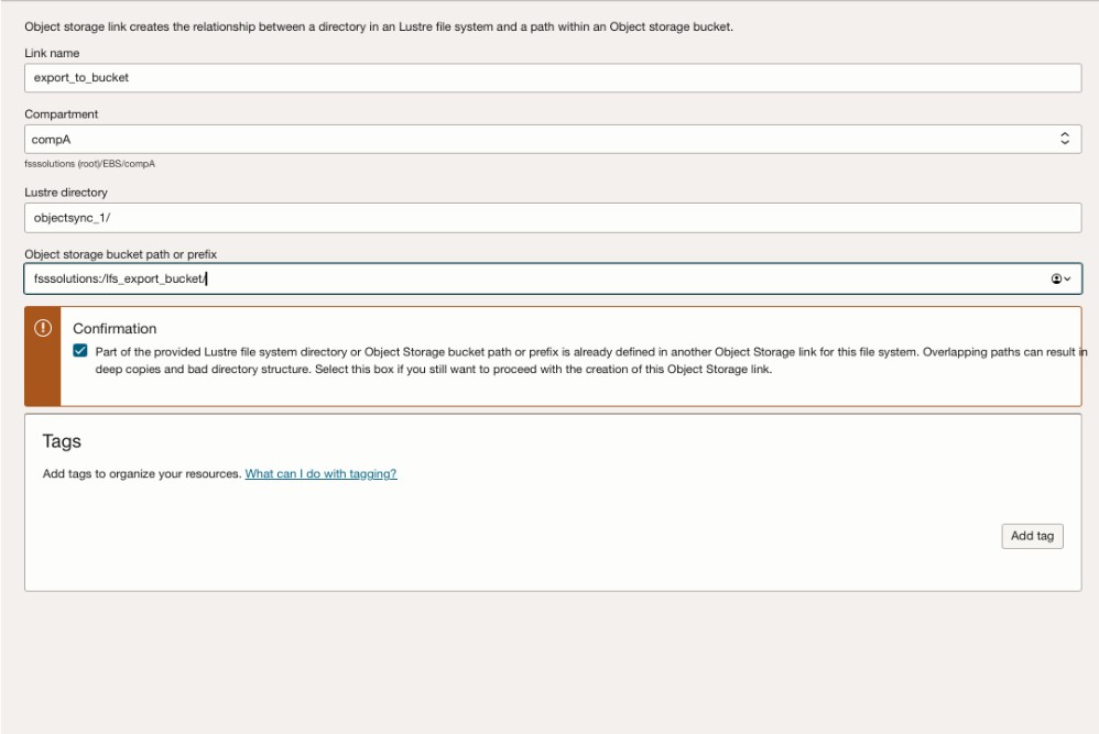 Screen to enter Lustre Directory and Object STorage Bucket details