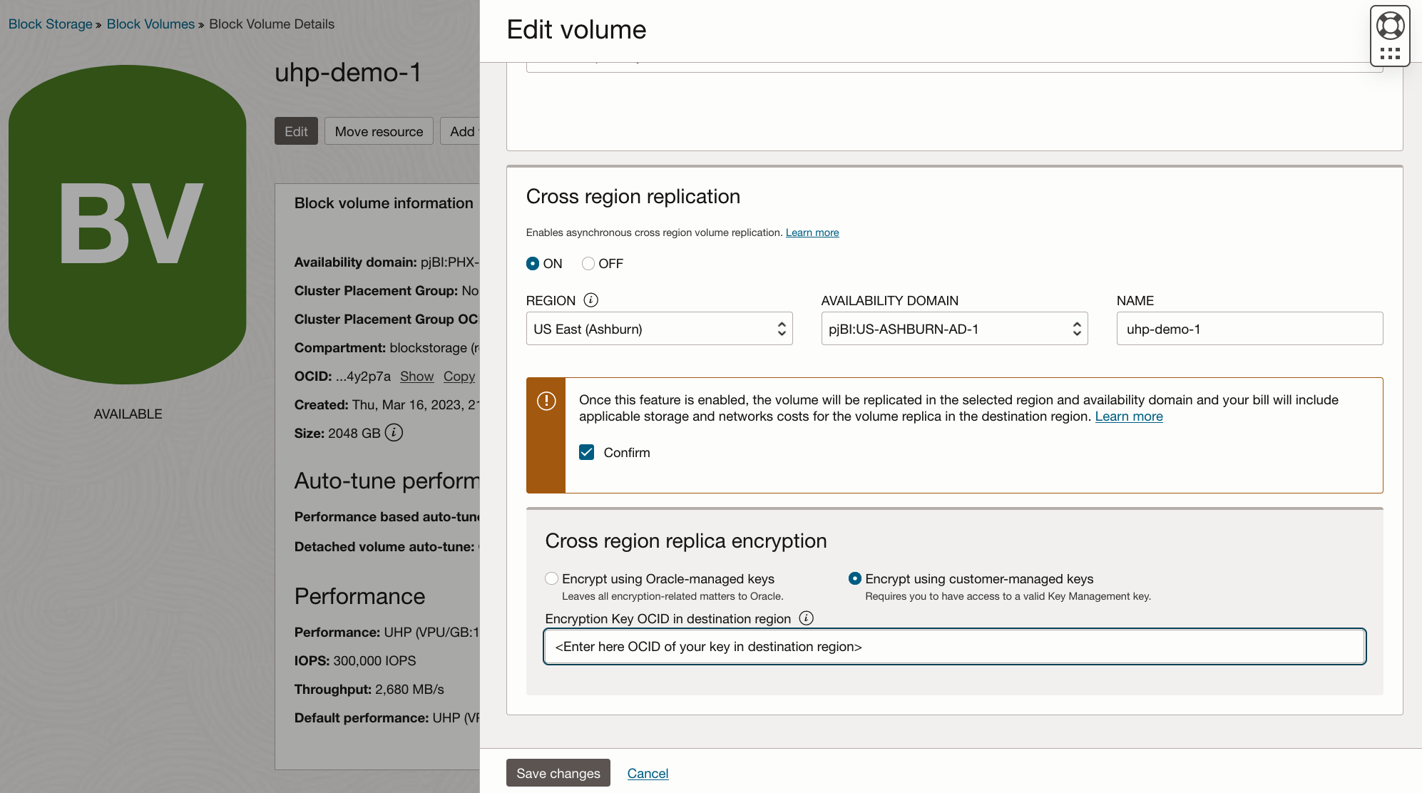Configuring cross region replication of a volume