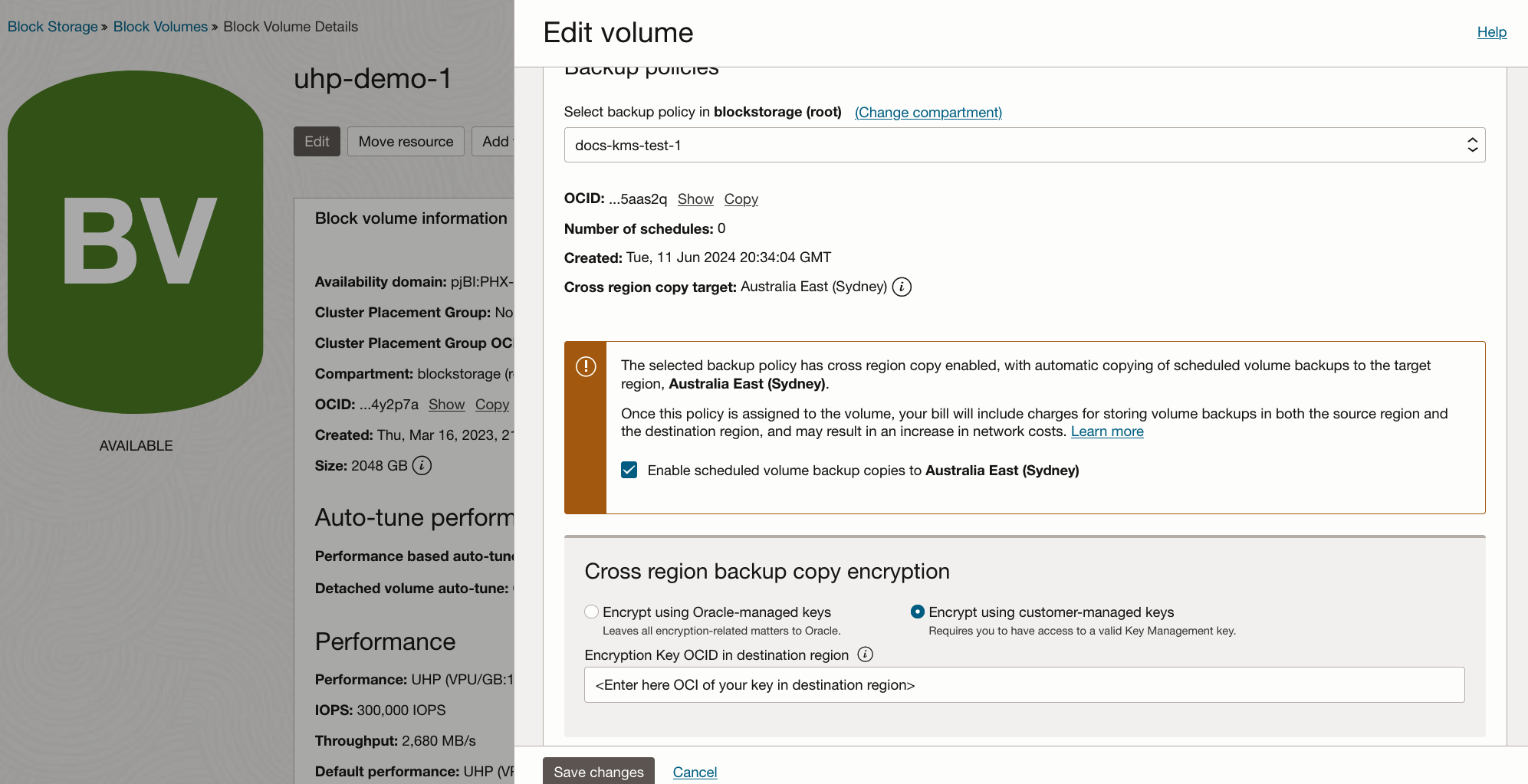 Configuring cross region backup for a volume