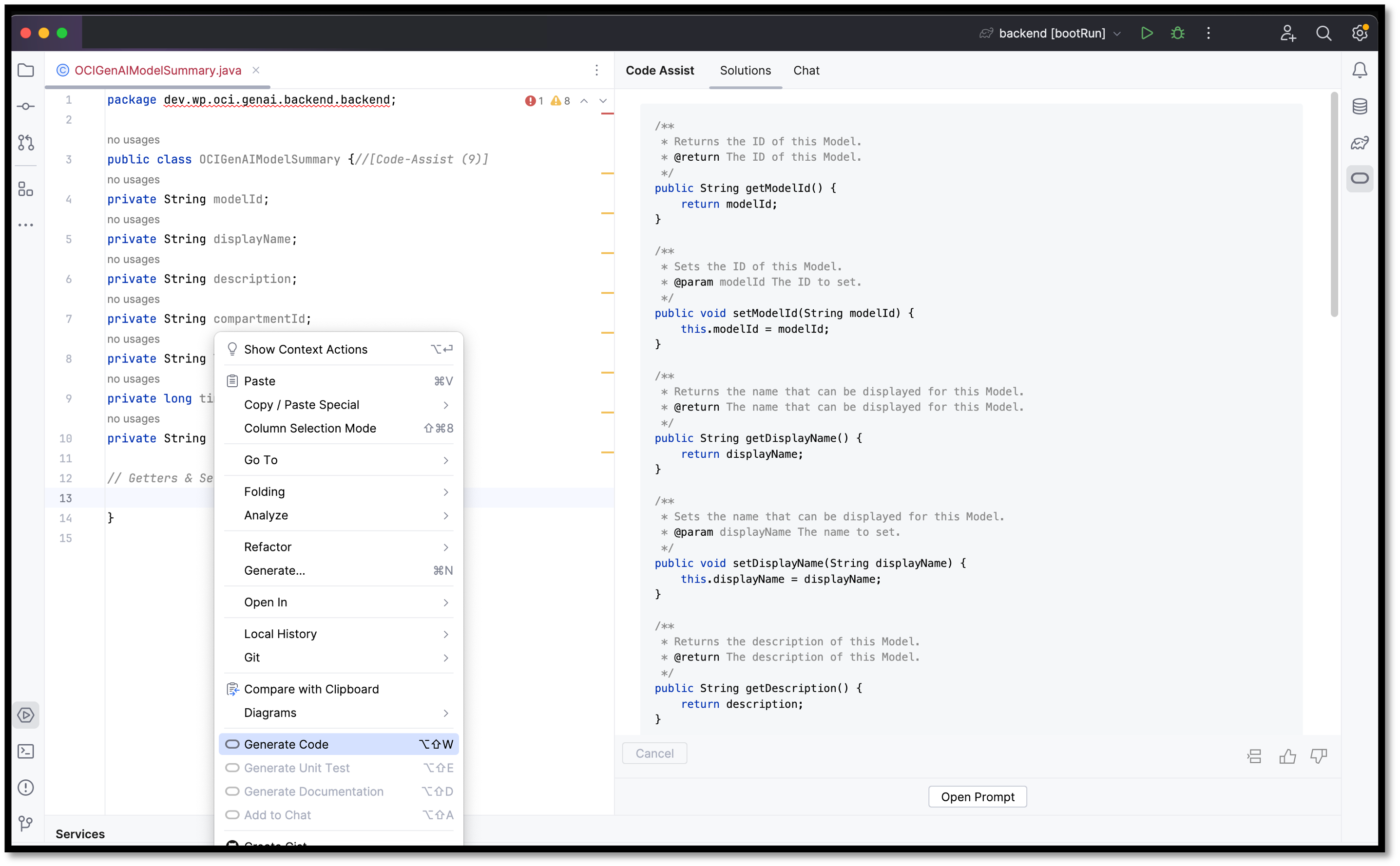 Oracle Code Assist code generation
