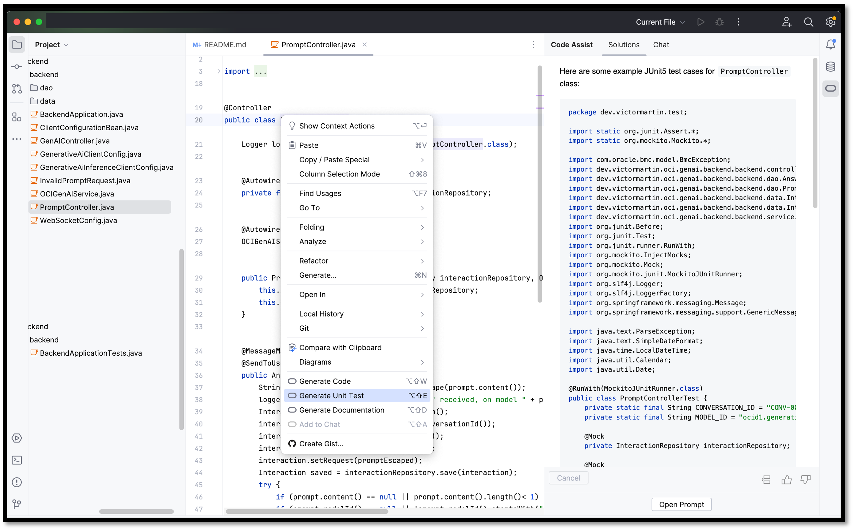 Oracle Code Assist unit test generation