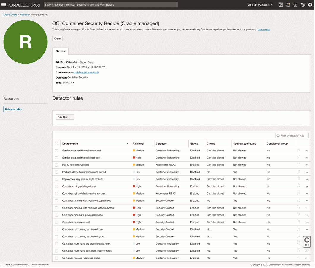 A recipe for Oracle-managed OCI Container Security in the Oracle Cloud Console.