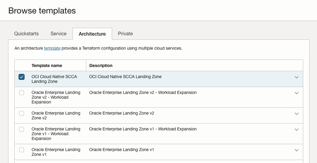 A screenshot of the Browse templates section with the OCI SCCA Landing Zone selected and highlighted.