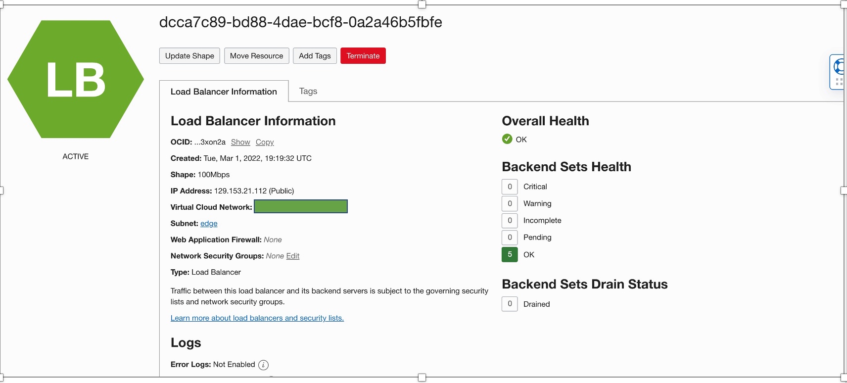 A screenshot of the Load Balancer Information page.