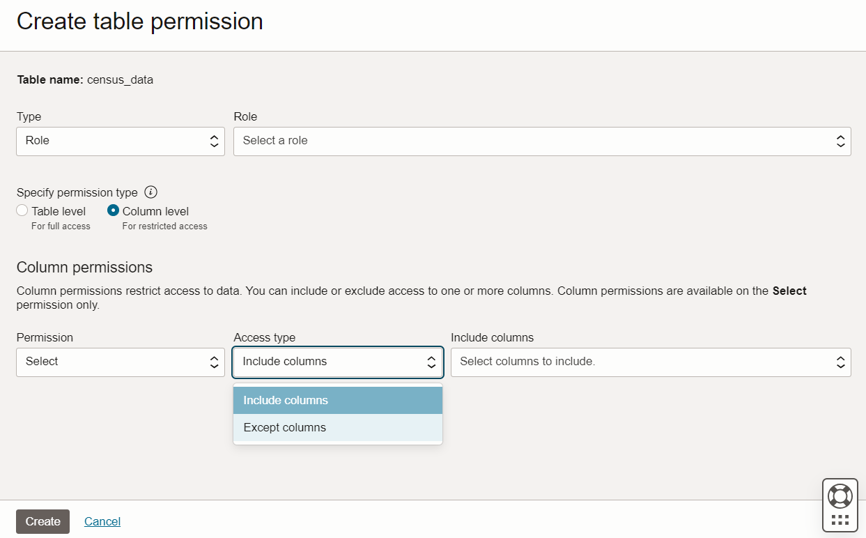 A screenshot of the Create Table Permission window, showing column level security settings.