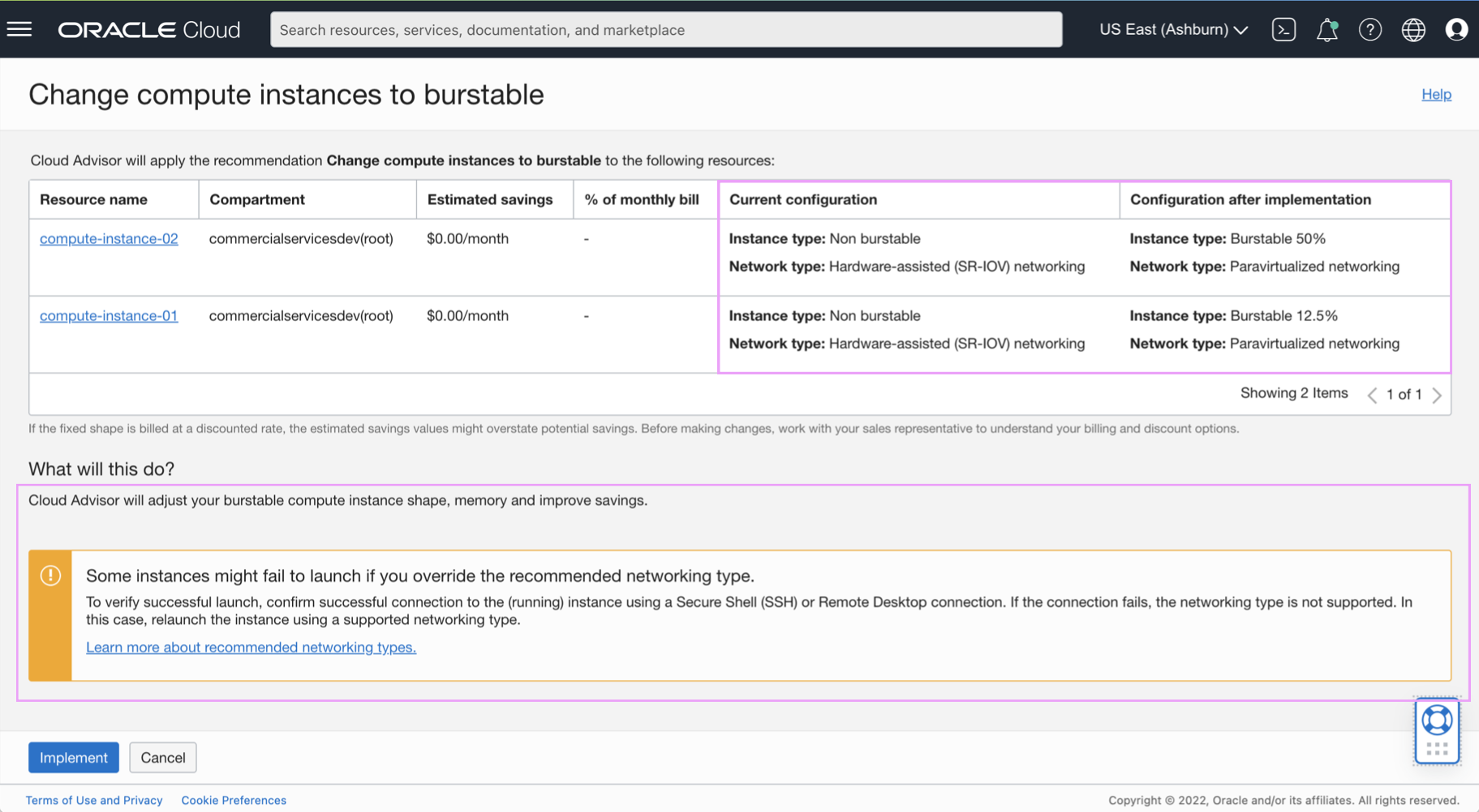 A screenshot of the Change compute instances to burstable page in the Console with explanations shown.