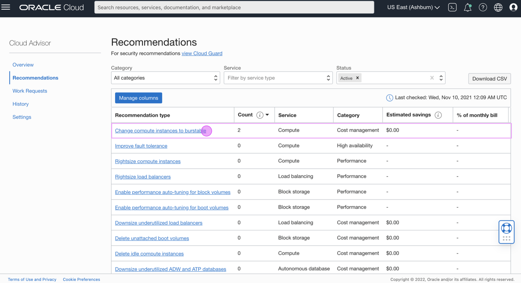 A screenshot of the Recommendations page in the Cloud Advisor section of the Oracle Cloud Console.