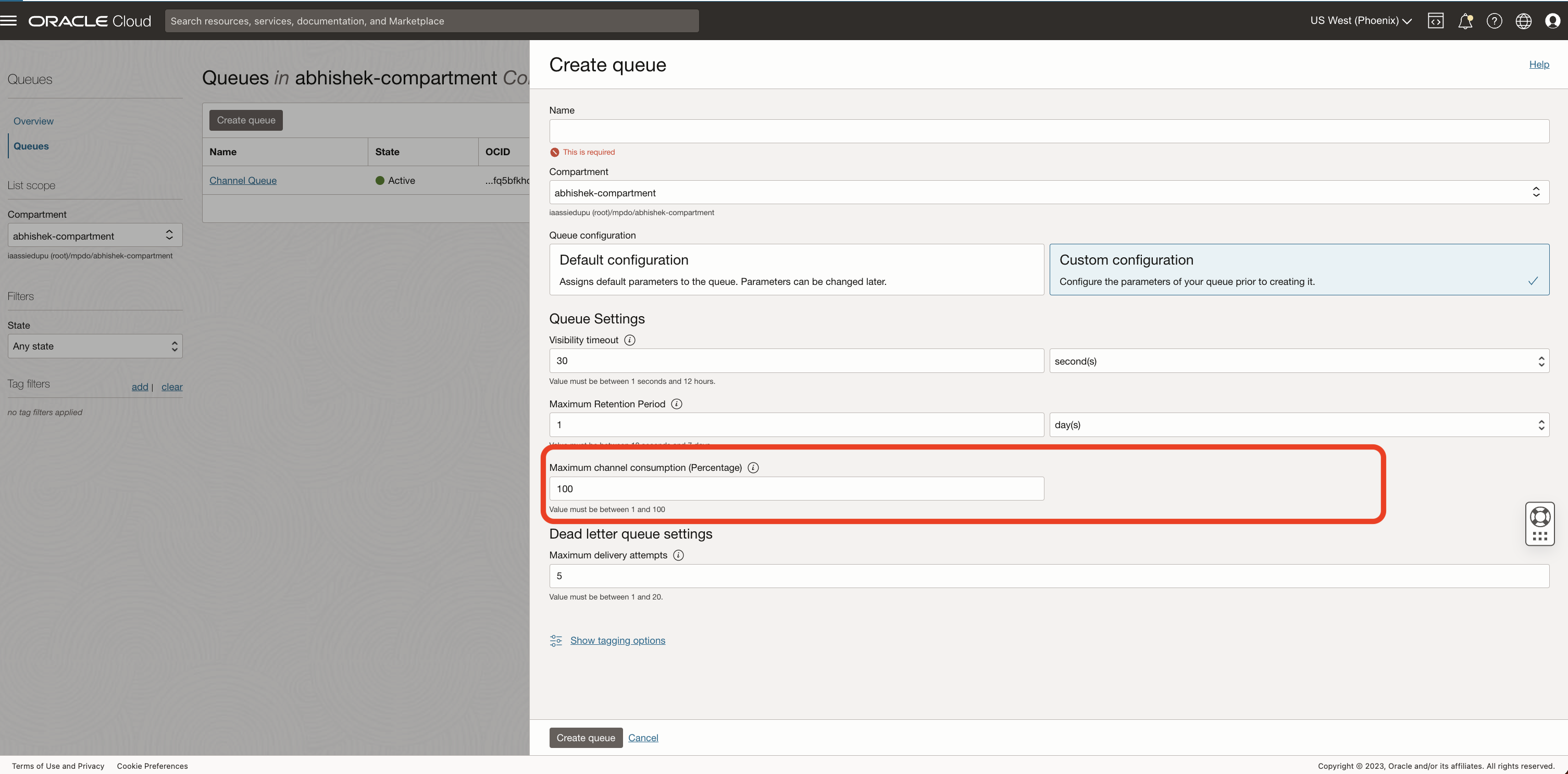 A screenshot of the Create Queue window showing the channel consumption percentage section circled in red.