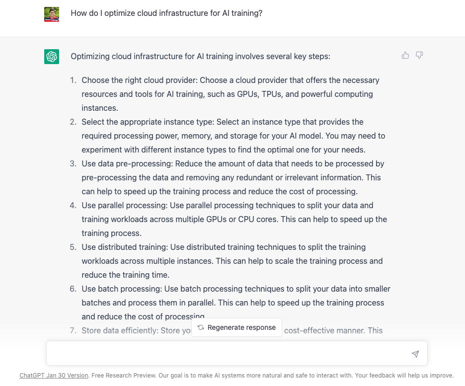 A screenshot of ChatGPT answering the question “how do I optimize cloud infrastructure for AI training?”