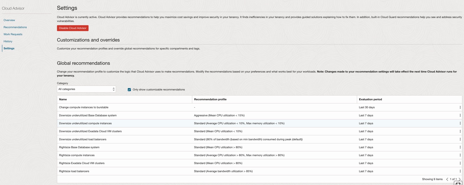 Cloud Advisor Settings