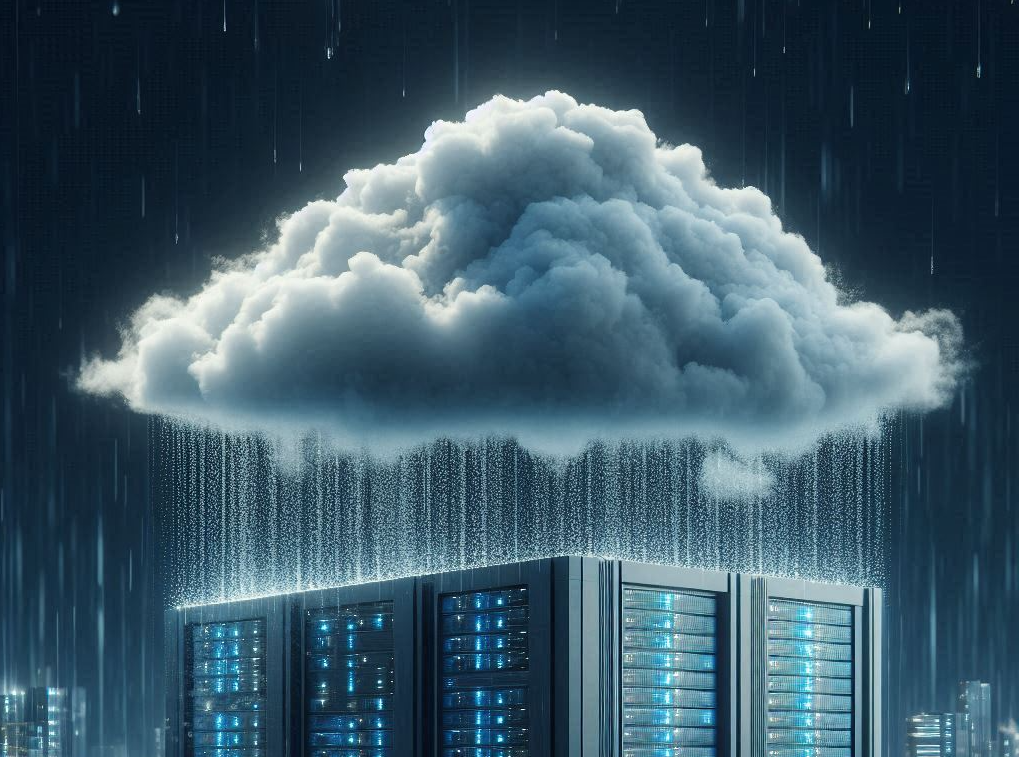 A picture of a cloud raining on a datacenter