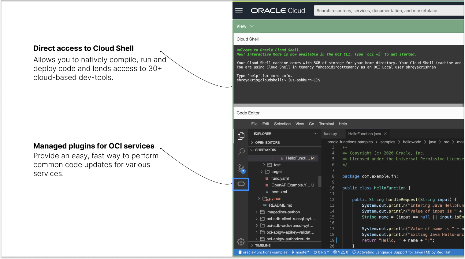 A screenshot of the Cloud Shell interface in the Oracle Cloud Console, showing the integration with Code Editor and access to managed plugins for OCI services.
