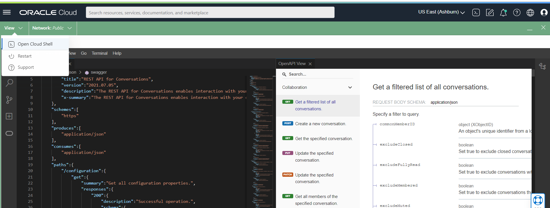A screenshot of Code Editor with the View menu expanded showing the options to open Cloud Shell.