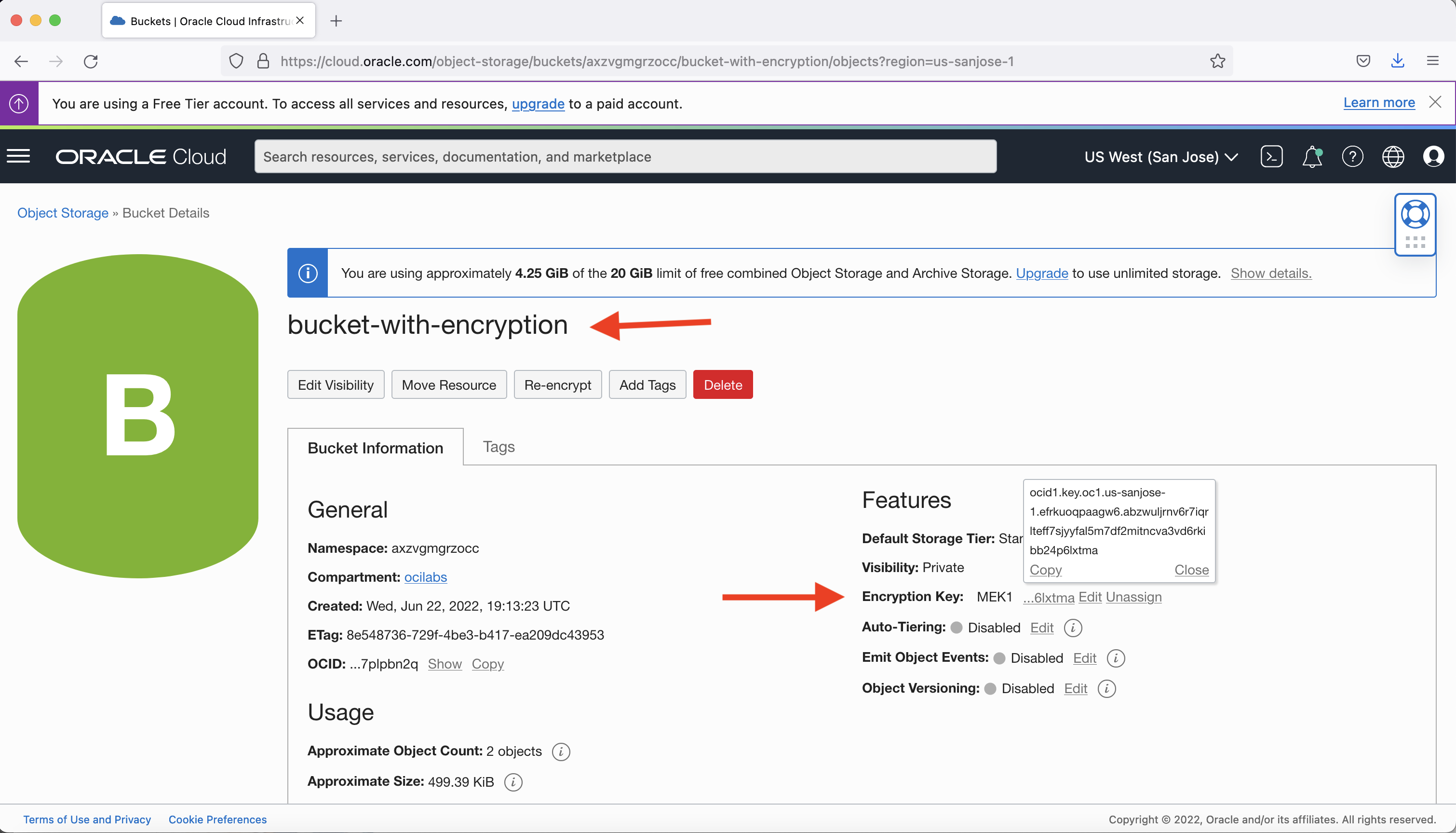 A screenshot of the bucket details page with red arrows pointing to the bucket name and encryption key.