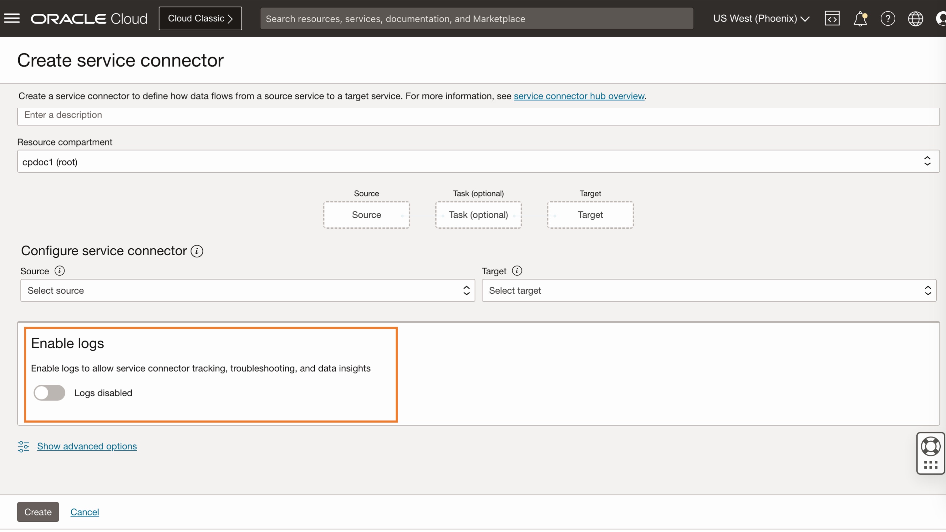 A screenshot of the Oracle Cloud Console with the Enable logs option outlined in orange.
